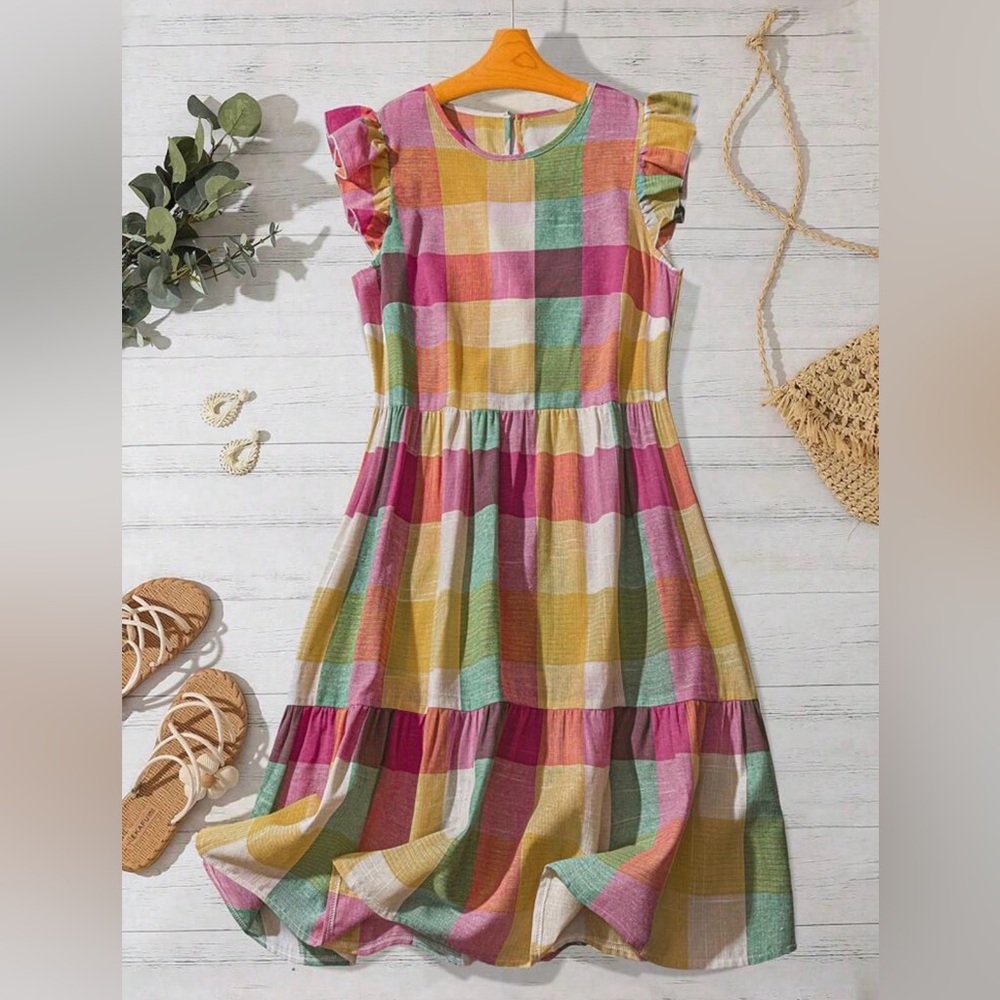 SHEIN Yellow Pink Green Plaid Tiered Ruffle Mini Dress